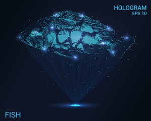 Hologram fish. Holographic projection fish. Flickering energy flux of particles. Scientific design water world. - obrazy, fototapety, plakaty