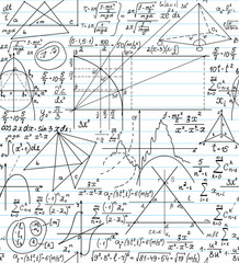 Math vector seamless pattern on the school paper with handwritten formulas