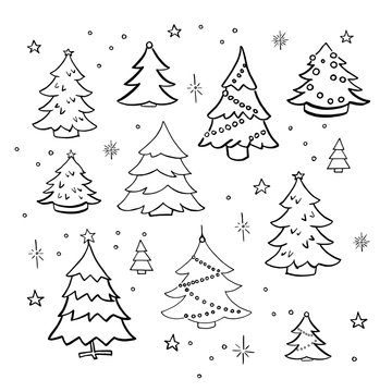 Christmas trees doodle set. Collection of hand drawn decorated christmas trees. Vector illustration. Isolated on white.