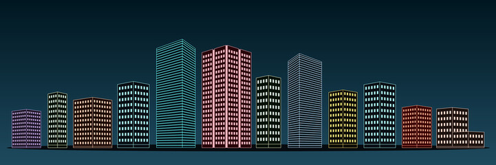 Panoramic view of night city. Vector illustration.