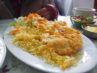 Fried Rice with white fish ordered in the market canteen, Puerto Montt, Chile