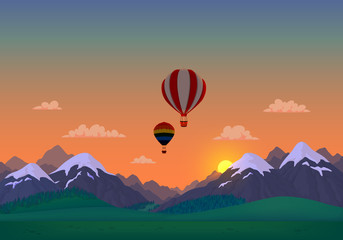 Landscape with snowy mountains, green meadows, spruce forest, colorful hot air balloons and clouds. Sunrise or sunset background. Vector.
