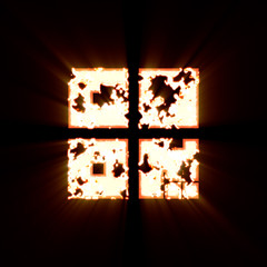 Symbol qrcode burned on a black background. Bright shine