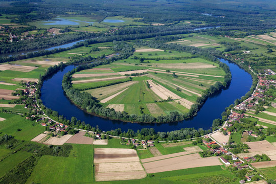 Oxbow lake with the village near the Sava River, Croatia