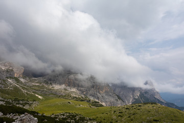 Mountain view Italian Alps. Walking summer trekking in the Dolomites