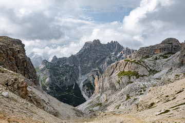 Fototapeta na wymiar Mountain view Italian Alps. Walking summer trekking in the Dolomites