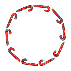 Obraz premium Round frame is made of candy cane. New Year and Christmas backgrounds and textures. For greeting cards, photo, design, print