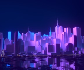 Night city buildings in neon lights. Growing megopolis development skyline, cityscape with futuristic architecture skyscrapers. Neon lights glow color skyscrapers.