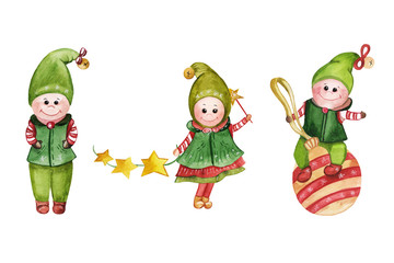  Set of illustrations of Christmas elves on a Christmas ball,with a twig of stars and a cute gnome, green suits and hats. Isolated, hand-painted in watercolor for postcards,festive decor,books,pattern