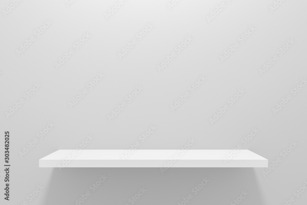 Poster Front view of empty shelf on gray wall background with modern minimal concept. Display of room shelves for showing. Realistic 3D render.