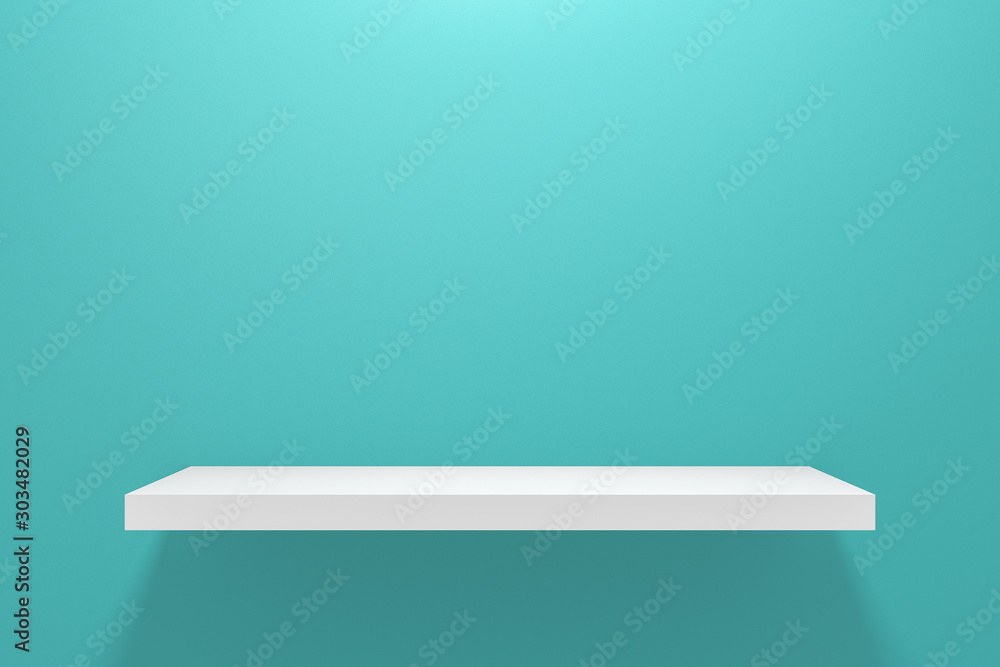 Poster Front view of empty shelf on light green wall background with modern minimal concept. Display of room shelves for showing. Realistic 3D render.