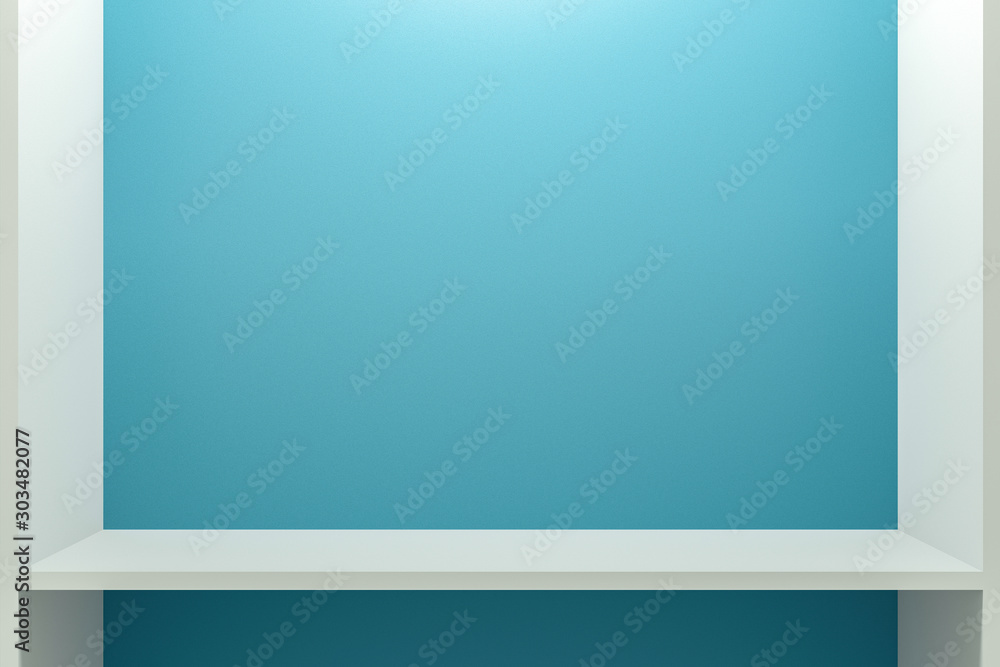 Poster Front view of empty shelf on blue cabinet background with modern minimal concept. Display of room shelves for showing. Realistic 3D render.