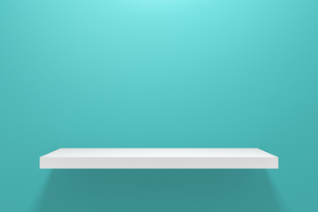 Front view of empty shelf on light green wall background with modern minimal concept. Display of room shelves for showing. Realistic 3D render. © Lemonsoup14