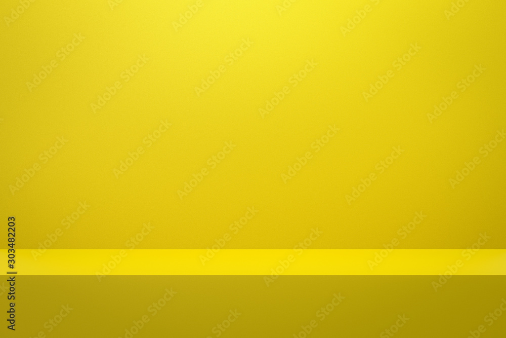 Poster Front view of empty shelf on vivid yellow wall background with modern minimal concept. Display of room shelves for showing. Realistic 3D render.