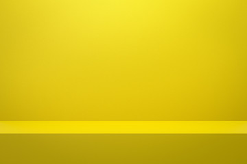 Front view of empty shelf on vivid yellow wall background with modern minimal concept. Display of room shelves for showing. Realistic 3D render.