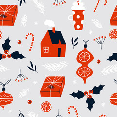 Christmas seamless pattern with hand drawn design elements. Background for gift wrapping or fabric design.