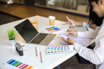 Designer girl or Programmer drawing website UX layout app development