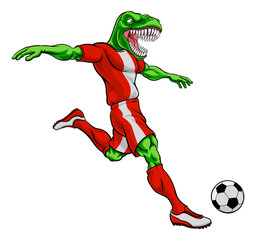 A dinosaur T Rex or raptor soccer football player cartoon animal sports mascot kicking the ball © Christos Georghiou