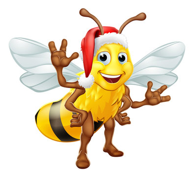 A Christmas bumble bee cartoon character in a Santa Claus hat standing and waving