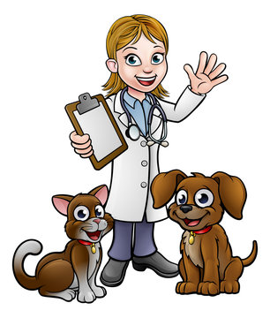 A cartoon vet character holding clipboard and waving with pet cat and dog animals