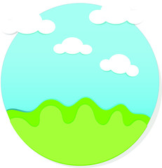 Obraz premium Illustration of white cloud on blue sky with green grass. paper cut style. Nature concept.