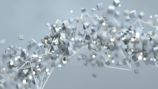 White geometric objects are floating spirally. Computer generated abstract design. Seamless loop 3D render animation with DOF
