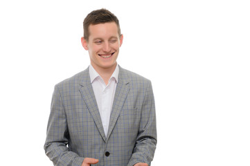 Concept of a young manager man talking to the camera. Photo isolate Portrait of a secretary guy on a white background in a gray business suit in different poses.