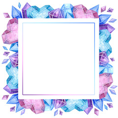 Blank crystalline color frame hand drawn illustration. Jewelry border watercolor drawing. Ice crystals, gemstones. Empty winter frame with glacial shapes isolated on white background