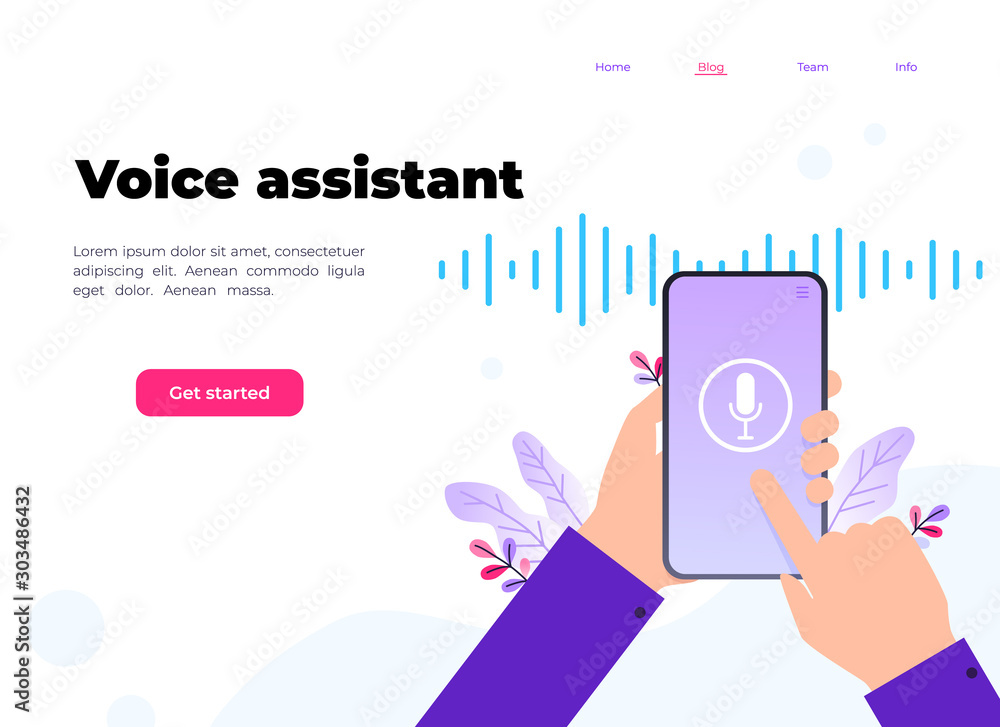 Poster personal assistant and voice recognition on mobile app. concept flat vector illustration of human ha