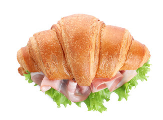 Tasty croissant sandwich with ham isolated on white, top view