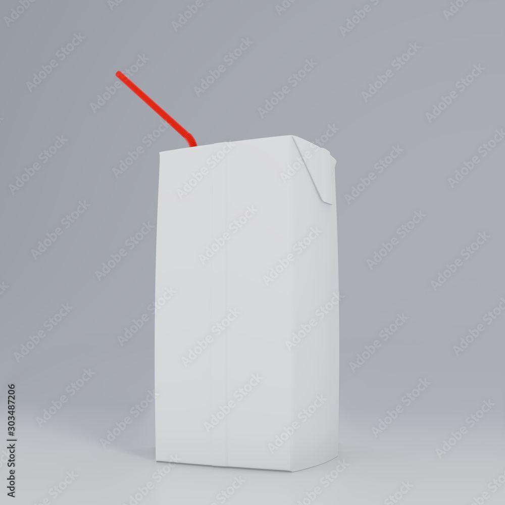Poster blank packet carton juice and milk pack with straw white realistic 3d rendering for mock up template