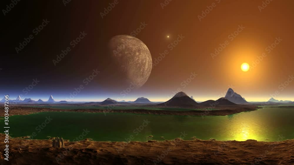 Wall mural ufo and big moon. from the huge moon flies a bright glowing object (ufo). over the hazy horizon yell
