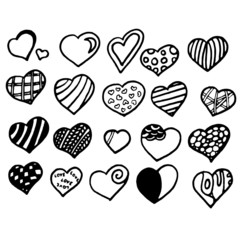 Hearts drawn by a black marker. Set of hand draw hearts.