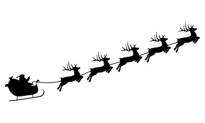 Fototapeta na wymiar Christmas reindeers are carrying Santa Claus in a sleigh with gifts. silhouette on a white