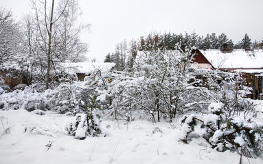 A small village in the winter forest. Winter in the village. A lot of snow lies in the forest. Forest road covered with snow.