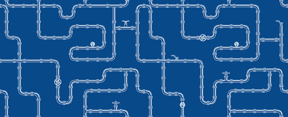Horizontal industrial seamless pattern. white piping on Blue background. pipes for water, gas, oil. Vector illustration in line art style.