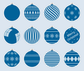 Magic, light navy christmas balls stickers isolated on gray background. High quality vector set of christmas baubles.