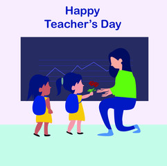 Kids student giving flower to her teacher flat illustration for happy teacher's day background poster concept. Modern flat style graphic design.editable text