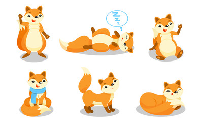 Set of cartoon humanized foxes. Vector illustration.