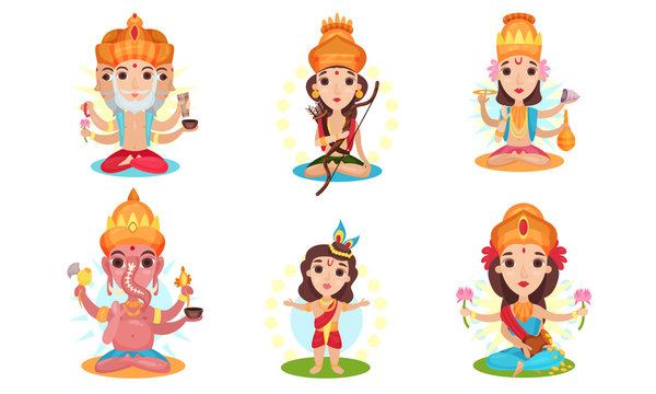 Set of images of different indian gods. Vector illustration on a white background.