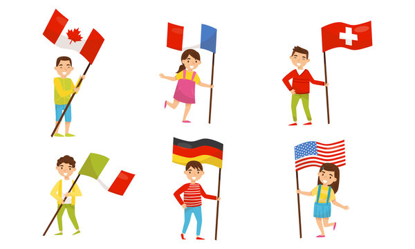 Teenagers hold flags of different countries. Vector illustration.