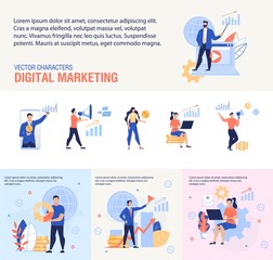 Digital Marketing Service, Business Training Courses or Seminar, E-Commerce Strategy Planning Trendy Flat Vector Advertising Banners, Posters Set with Successful Businesspeople Characters Illustration