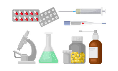 Medical Stuff Vector Set. Different Medicines and Tools Used in Medical Environment