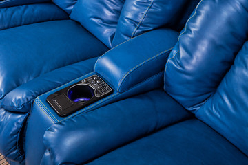 Blue leather sofa. Furniture salon photography