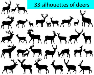 Collection of silhouettes of deers and its cubs