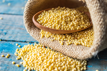 Raw yellow millet in a wooden spoon on burlap cloth on a background of blue rustic boards.