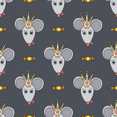 Rat funny character vector seamless pattern. Mouse animal with candies, crown. Hand drawn cartoon cute pets background.