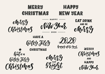 Merry Christmas and happy New Year hand drawn lettering set