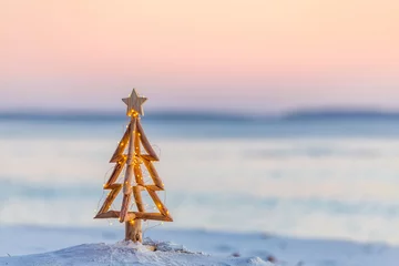 Foto op Canvas Christmas tree with fairy lights on the beach in summer © Leah-Anne Thompson