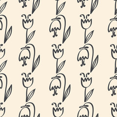 Seamless pattern ornament of cute tulips flowers. Vector illustration outline. Wallpaper, fabric and other surfaces
